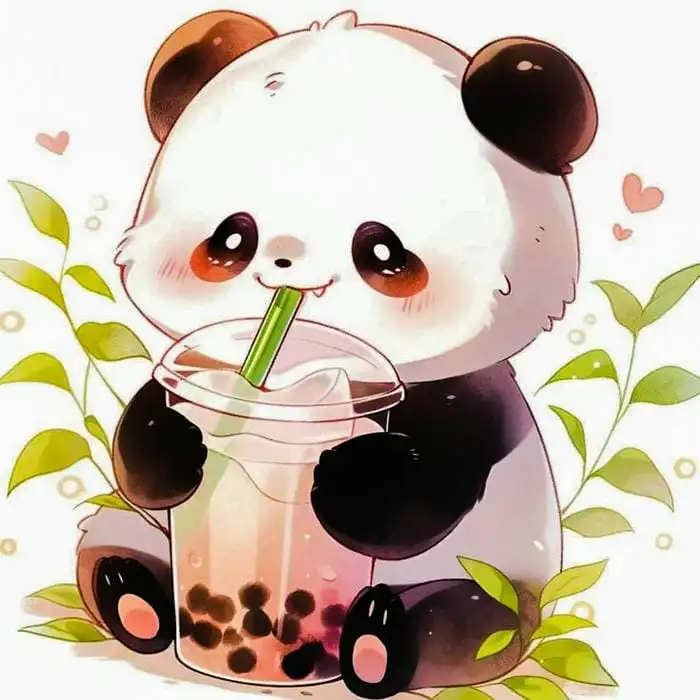 ảnh gấu trúc cute chibi uống trà sữa trân châu đường đen