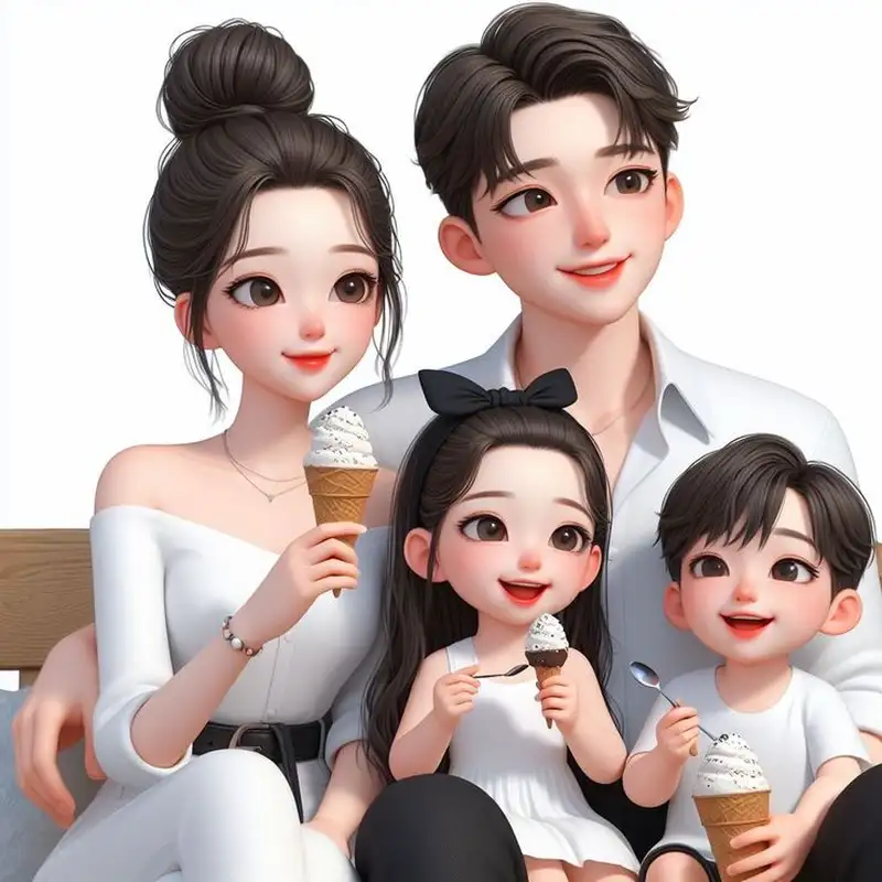 hình ảnh gia đình 4 người chibi ăn kem