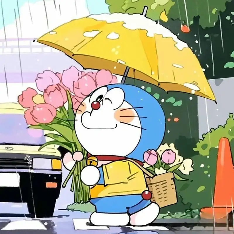 doraemon ôm bó hoa chibi cute