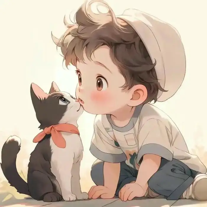 ảnh anime nam cute chibi thơm mèo