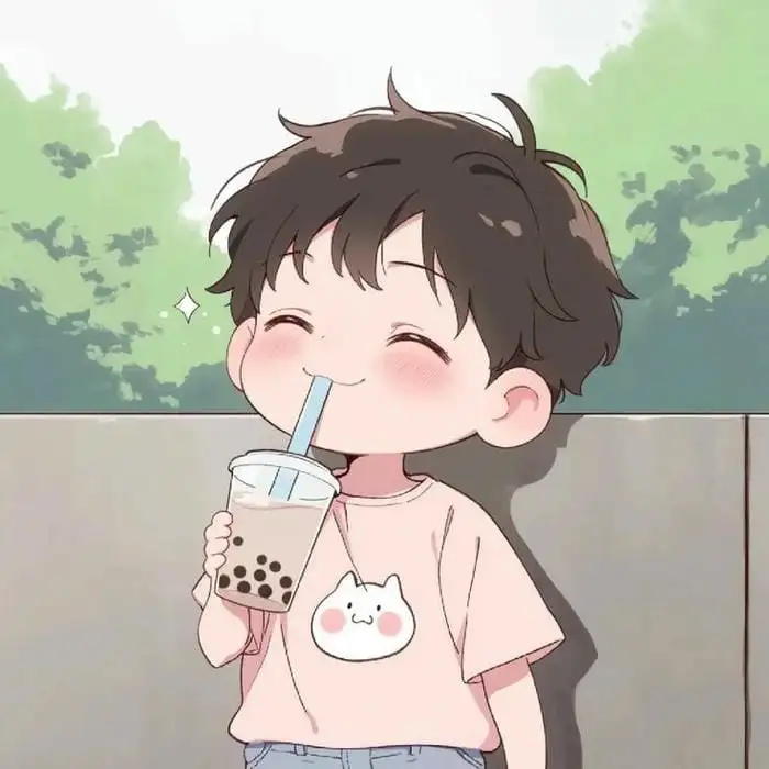 hình ảnh anime chibi cute nam uống trà sữa