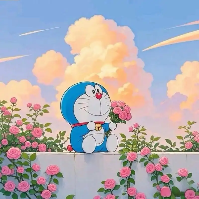 ảnh doraemon hái hoa hồng chibi 