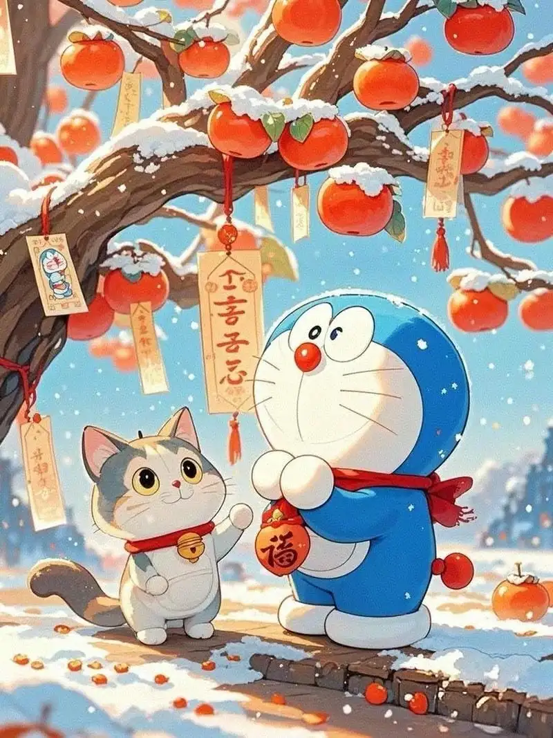 doraemon dưới cây hồng chibi cute