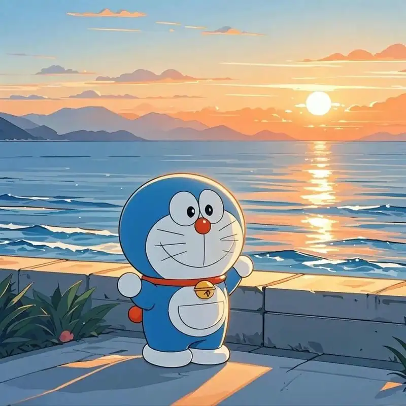 vẽ doraemon ngắm hoàng hôn chibi