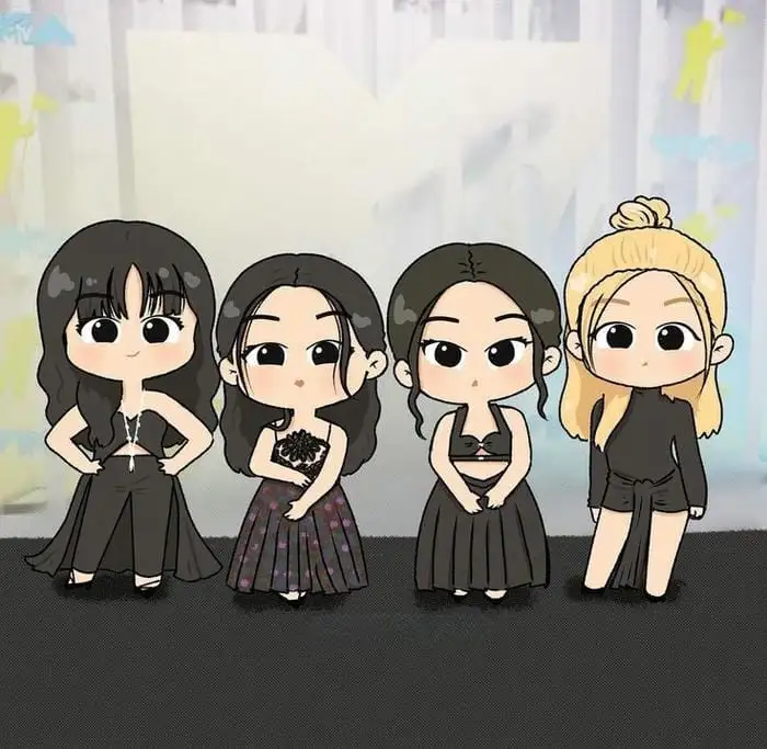 ảnh blackpink cute cả nhóm chibi mặc váy đen