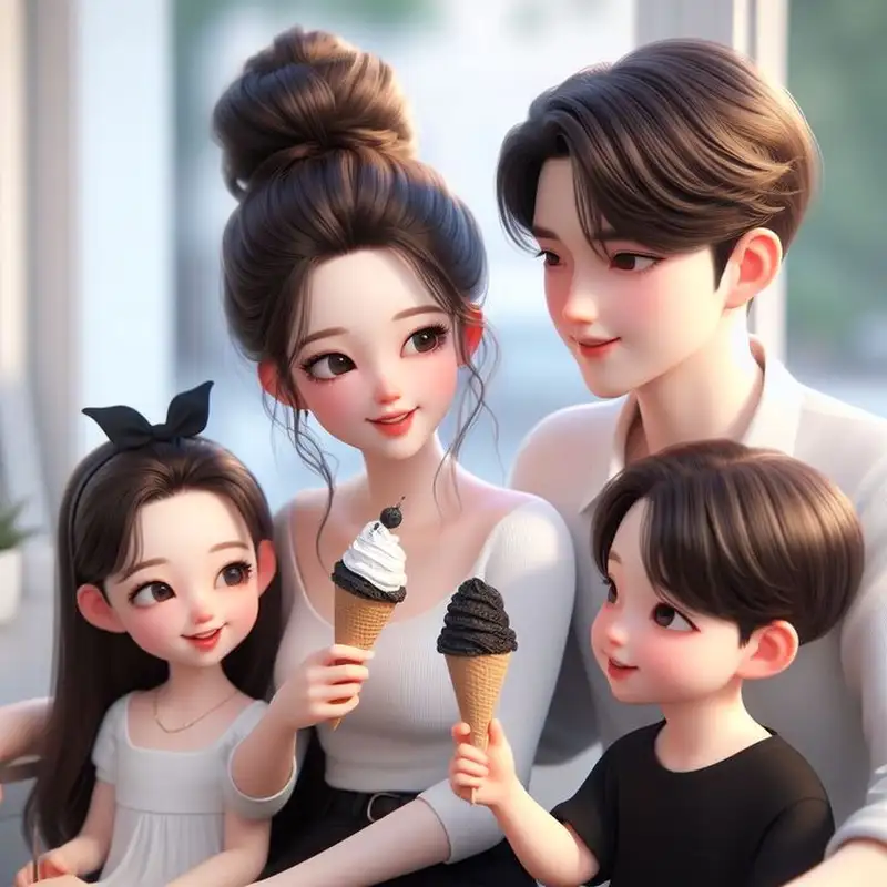 ảnh gia đình 4 người chibi ăn kem