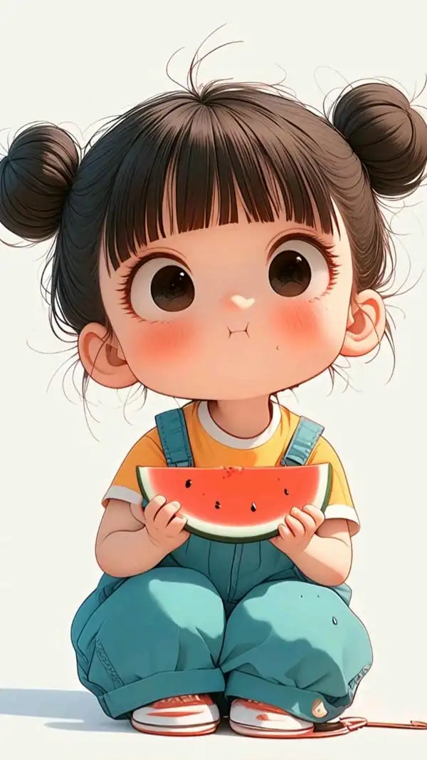 mẫu chibi bé gái ăn dưa hấu