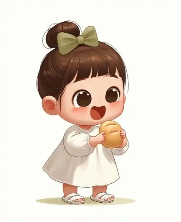 chibi cho bé gái ăn bánh mì