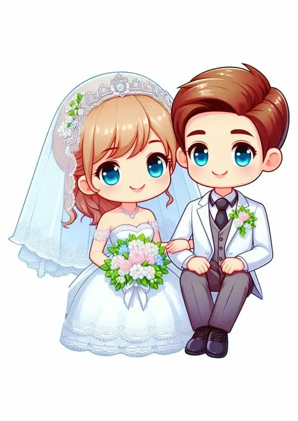 chibi cô dâu chú rể đang ngồi de thuong