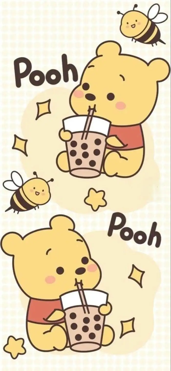 hình nền gấu pooh uống trà sữa siêu cute