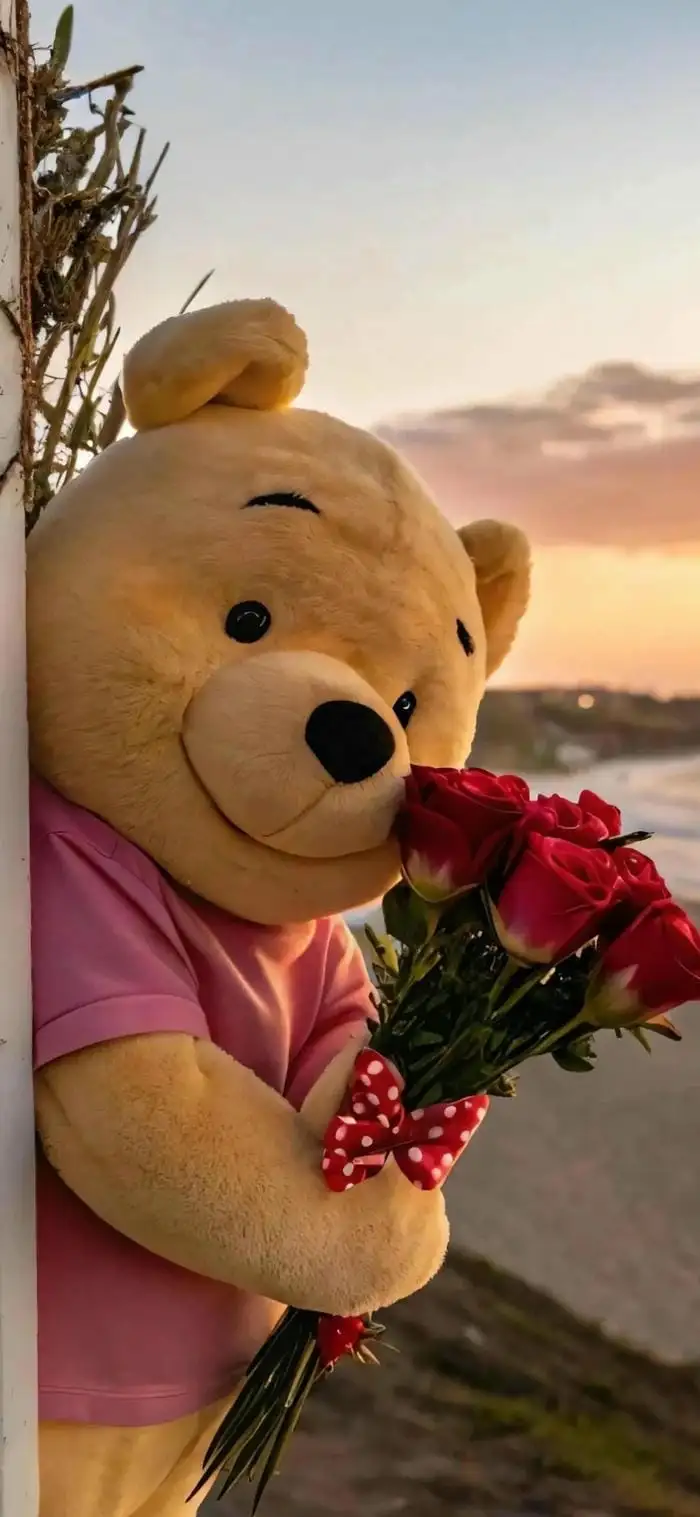 hình nền gấu pooh cầm hoa hồng