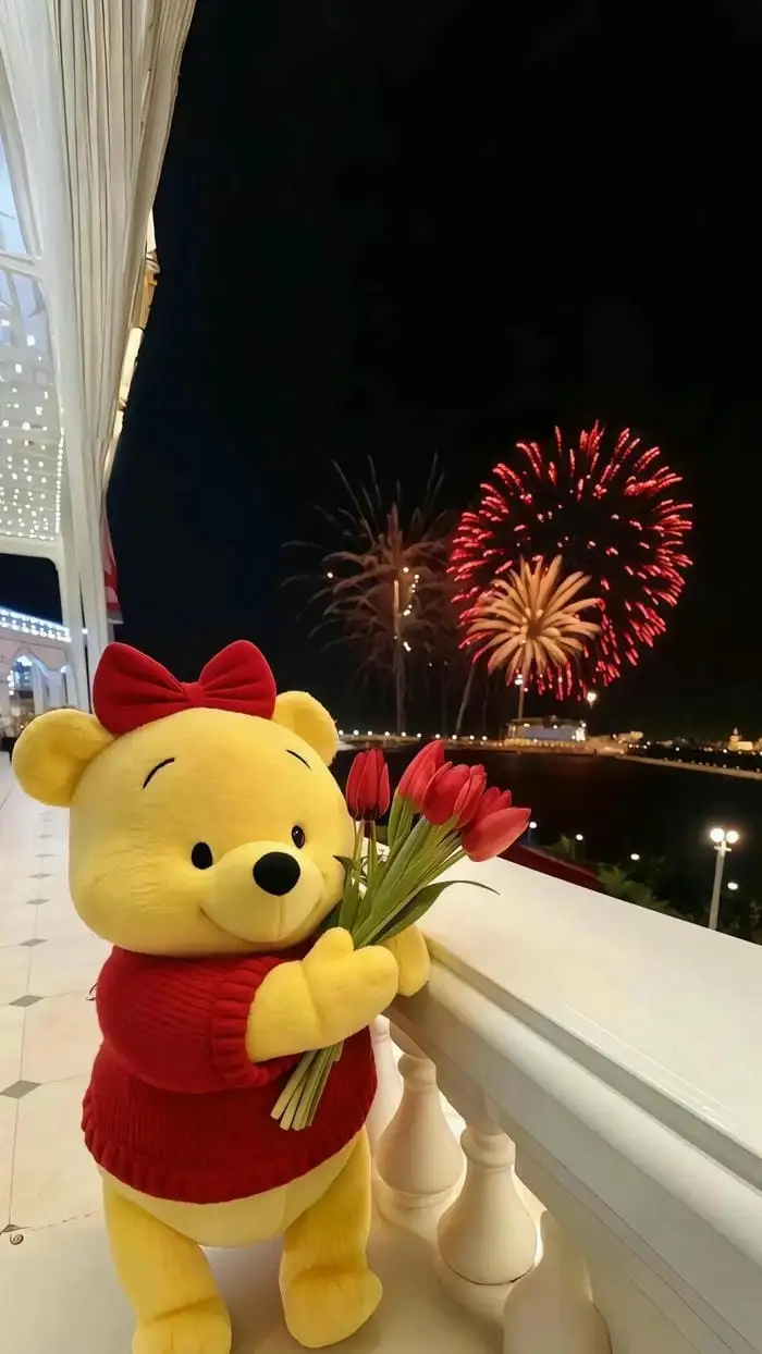 hình nền gấu pooh cho điện thoại ngắm pháo hoa