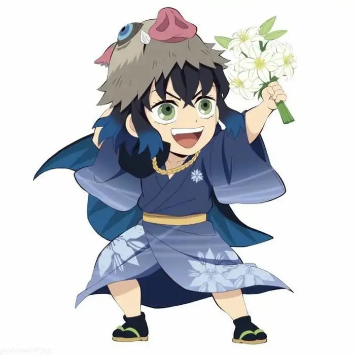 ảnh inosuke cầm bó hoa chibi