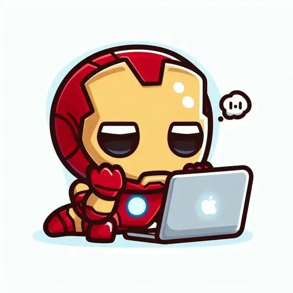 chibi iron man ngồi xem máy tính