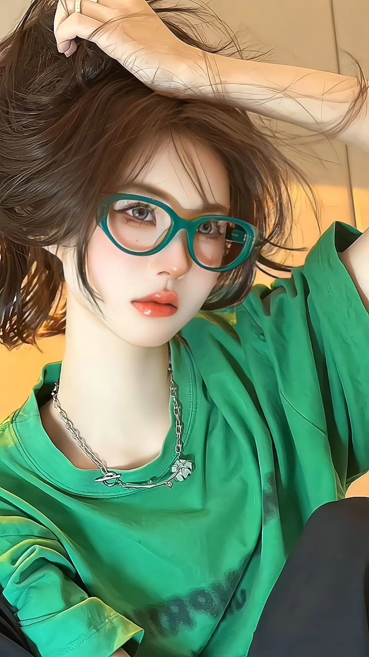 ảnh gái xinh tóc dài đeo kính 2k4 nền mờ 