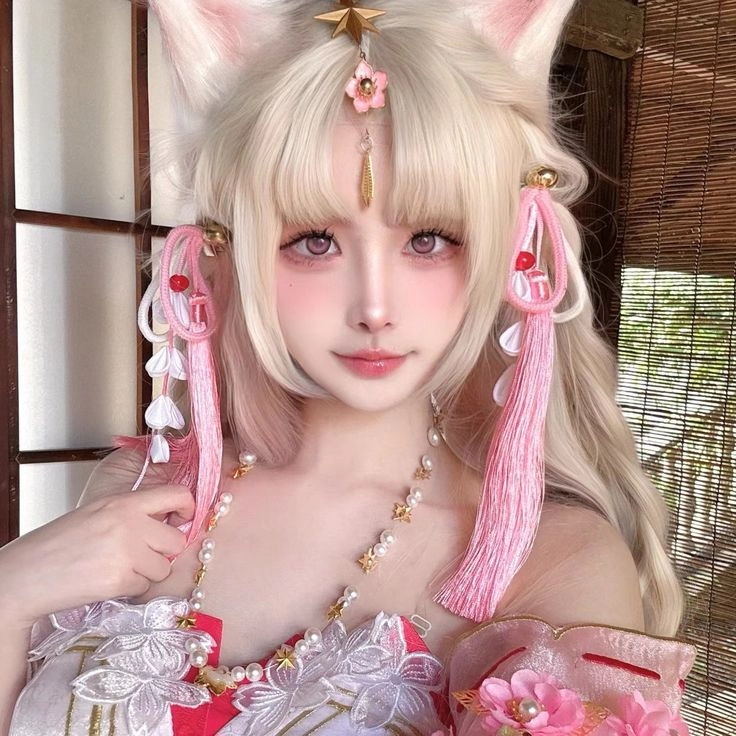 ảnh gái xinh cosplay anime tạo dáng cùng hoa anh đào 