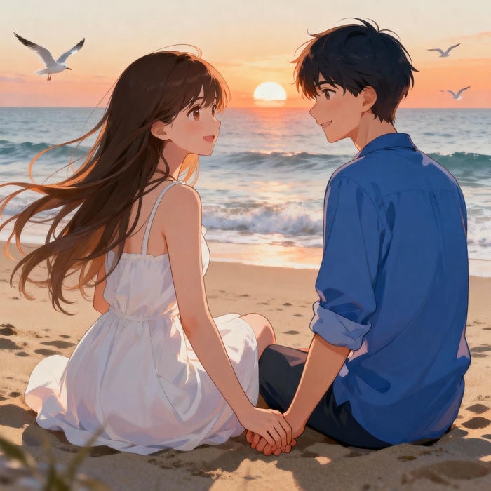 anime nắm tay dưới hoàng hôn