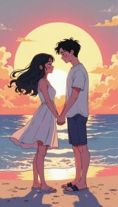 anime nắm tay giữa hoàng hôn