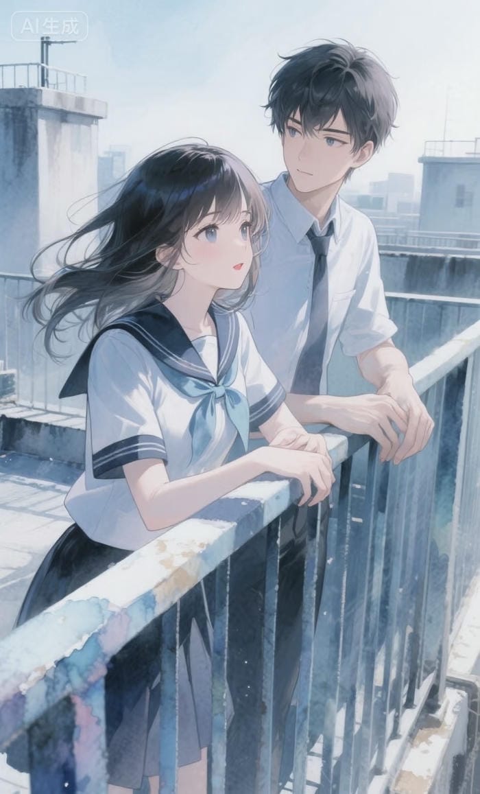 hình anime cặp đôi trên sân thượng