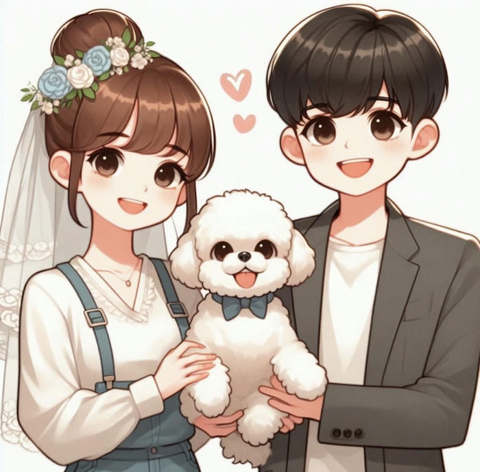 Ảnh cưới chibi hiện đại cùng cún cưng