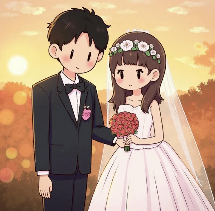 Bức hình cưới chibi dưới hoàng hôn