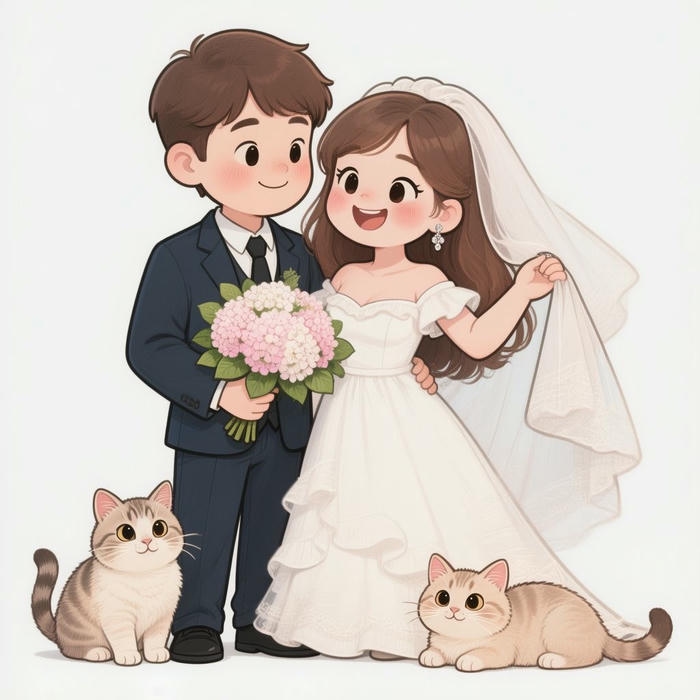 Cặp đôi chibi cưới và thú cưng