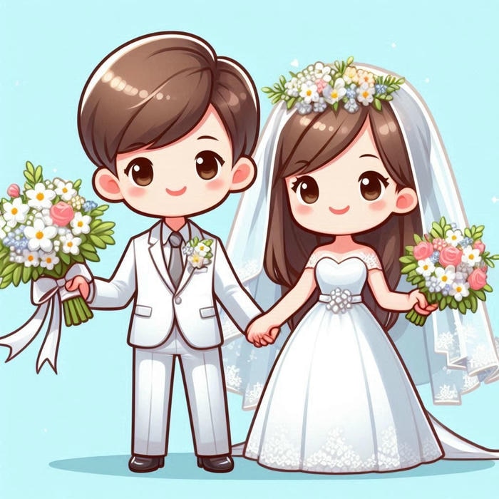 Hình ảnh cưới chibi mơ mộng nền xanh