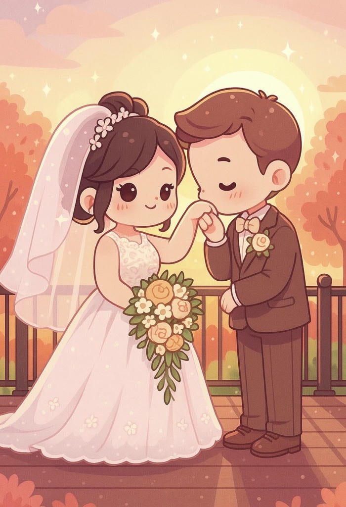 Hình cưới chibi giản dị thơm vào tay