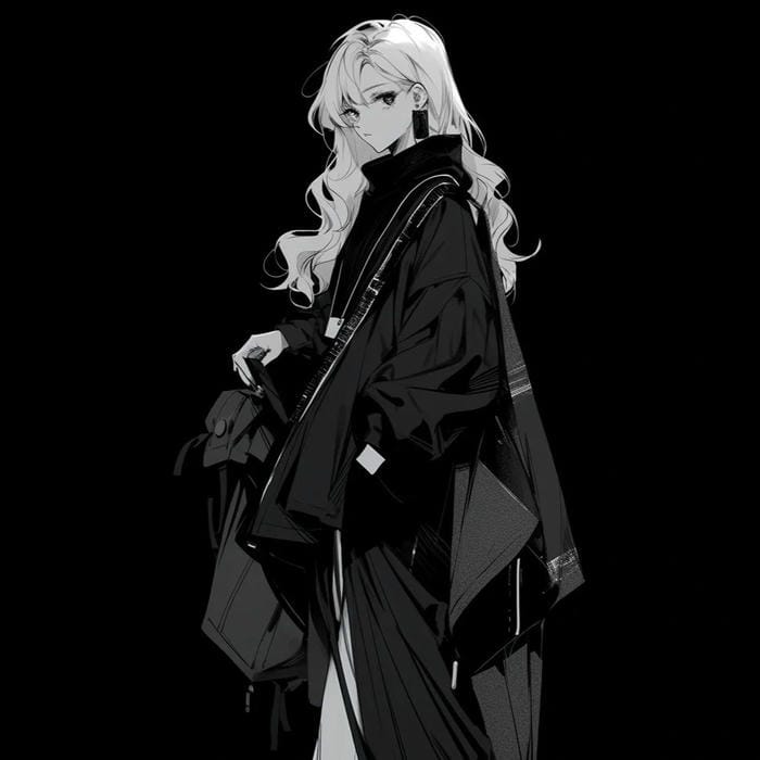 Nhân vật anime nữ trắng đen suy tư