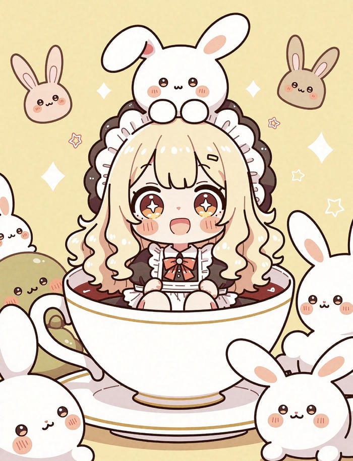 ảnh chibi nữ cute ngồi trong tách trà đáng yêu