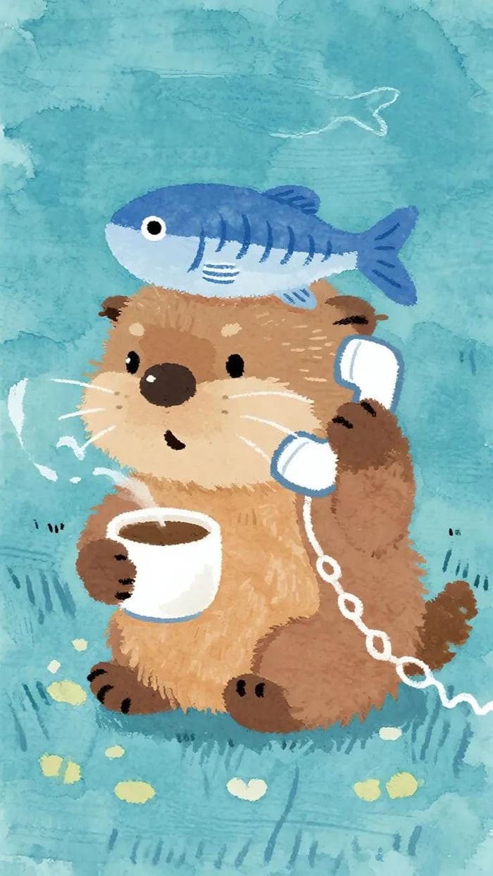 ảnh hình nền chibi cute con rái cá nghe điện thoại