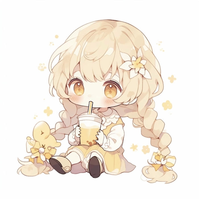 hình chibi nữ cute tóc vàng uống trà sữa