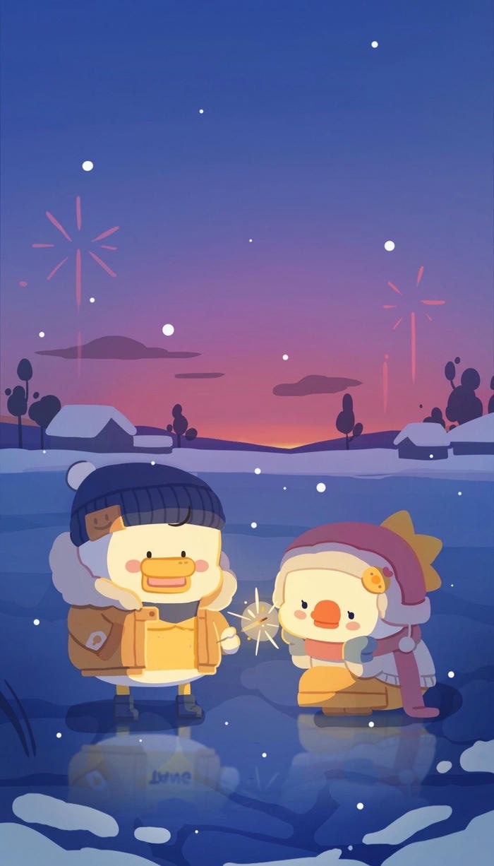 hình nền chibi cute 2 chú vịt đốt pháo đêm đông