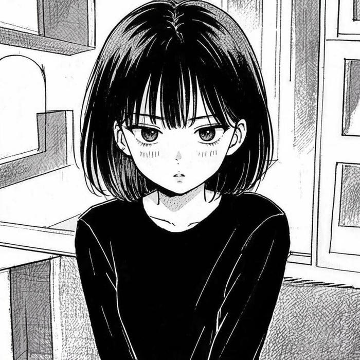 ảnh anime nữ tóc ngắn đen trắng mặt giận dỗi