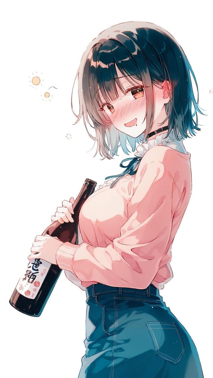 ảnh anime nữ tóc ngắn với bộ dạng say xỉn cầm chai rượu