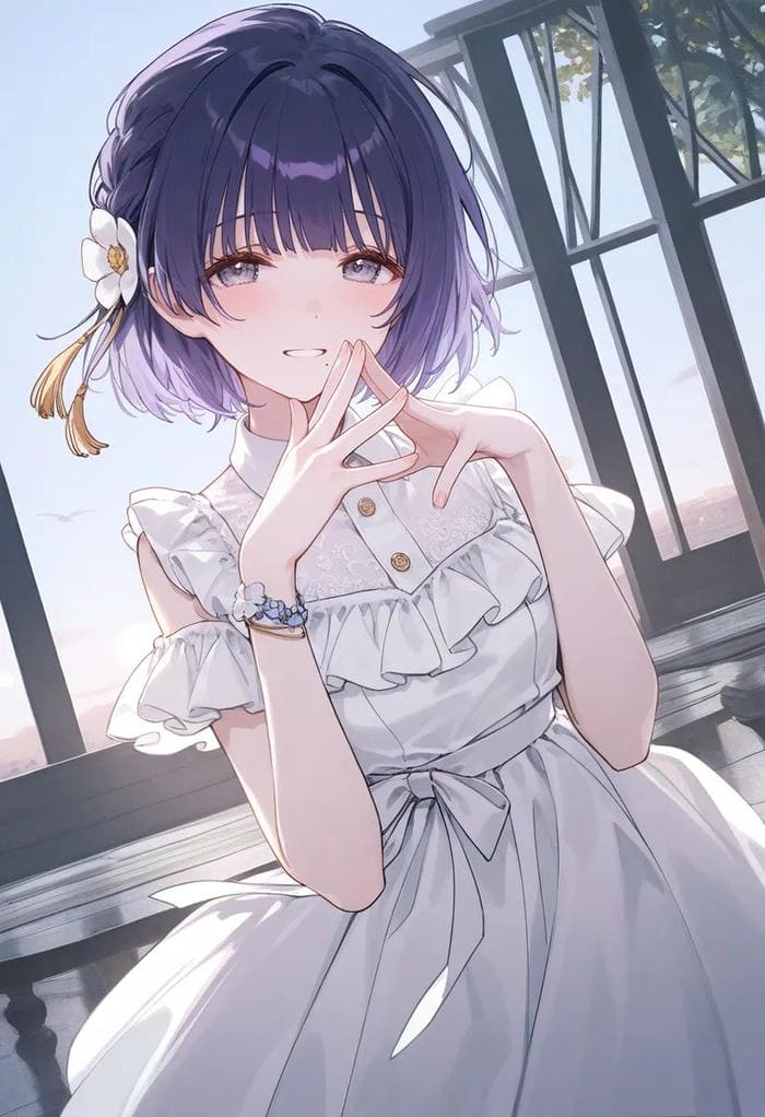 bức ảnh anime nữ tóc ngắn xúng xính trong bộ váy trắng