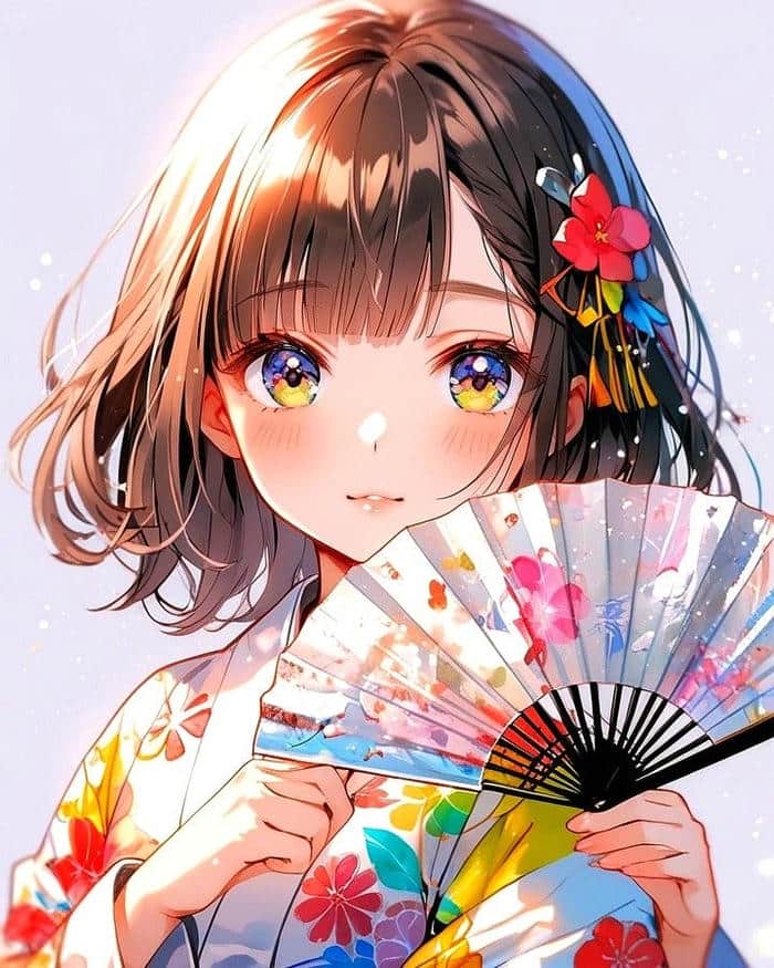 hình ảnh ảnh anime nữ tóc ngắn mặc kimono cầm quạt
