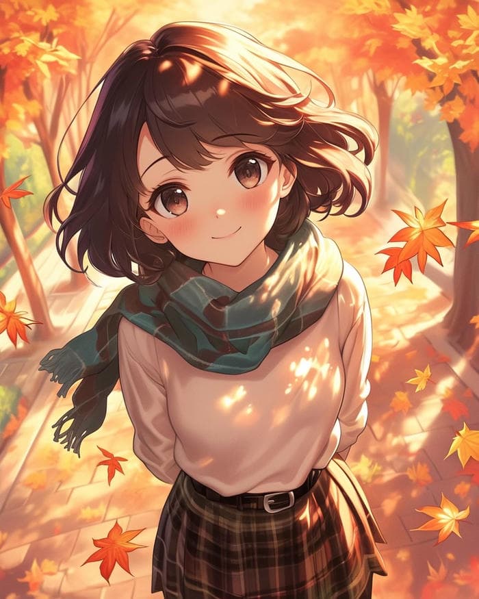 hình ảnh anime nữ tóc ngắn cùng mùa lá vàng rơi