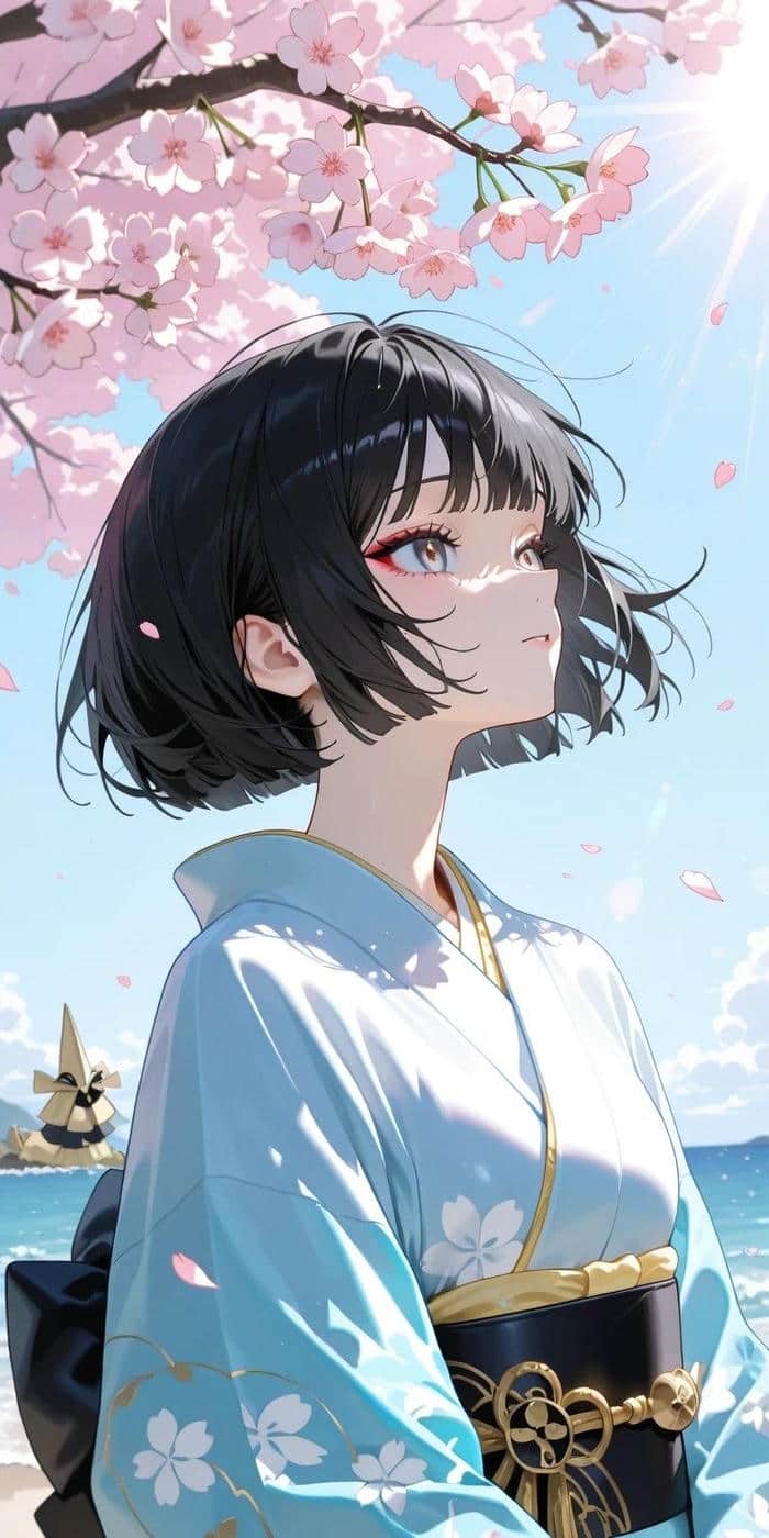 hình ảnh anime nữ tóc ngắn mặc yukata ngắm hoa