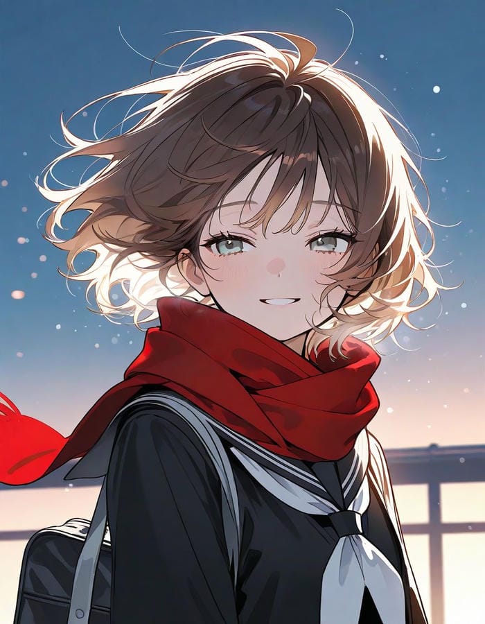 hình ảnh anime nữ tóc ngắn quàng chiếc khăn đỏ