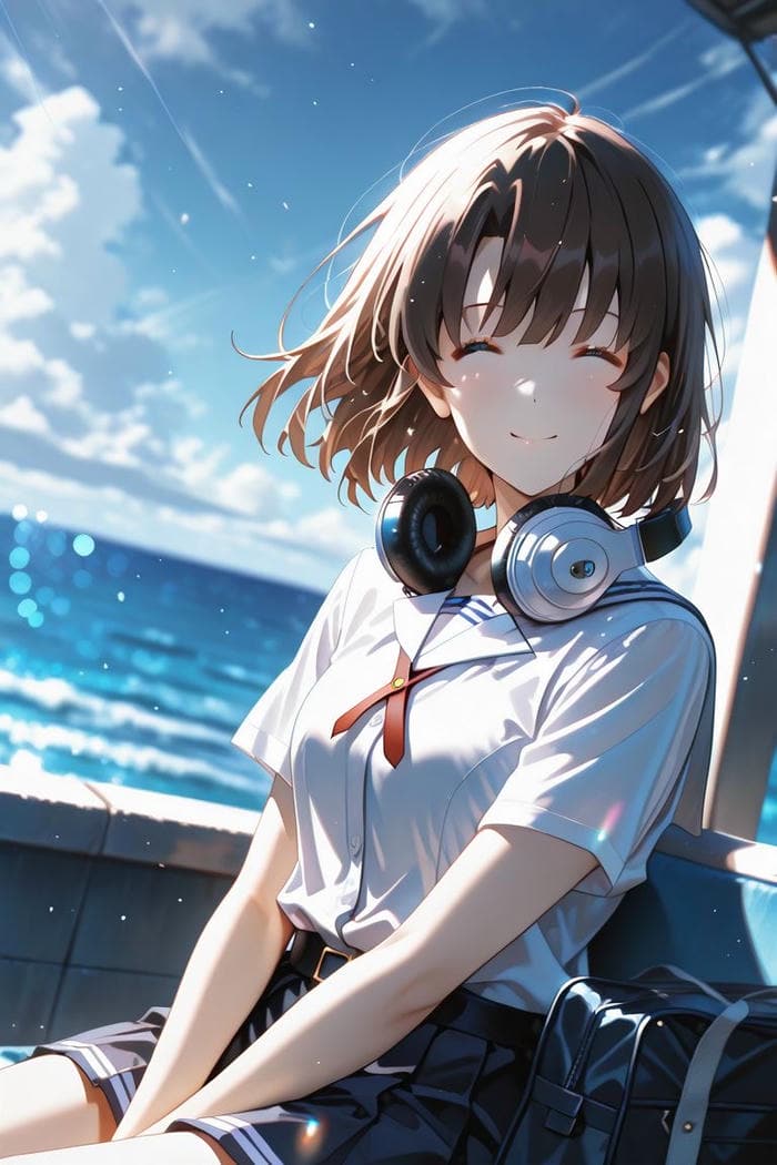 hình anime nữ tóc ngắn mặc đồng phục ngồi xe buýt