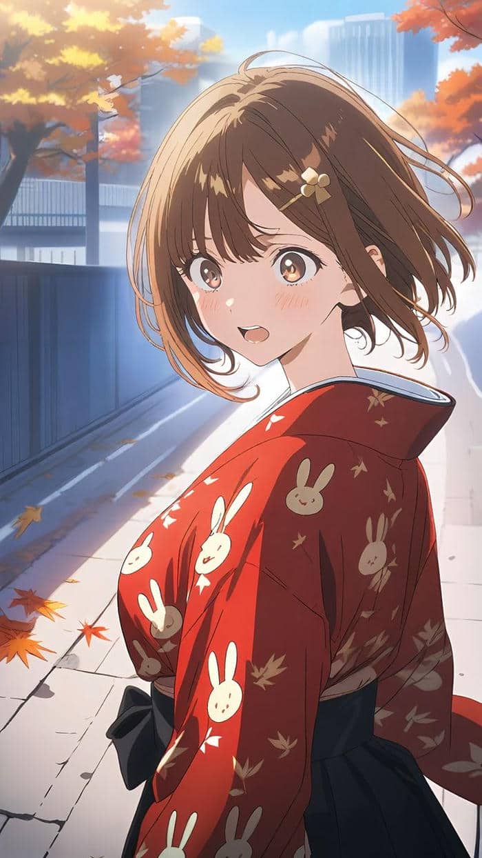 hình anime nữ tóc ngắn mặc kimono dịu dàng